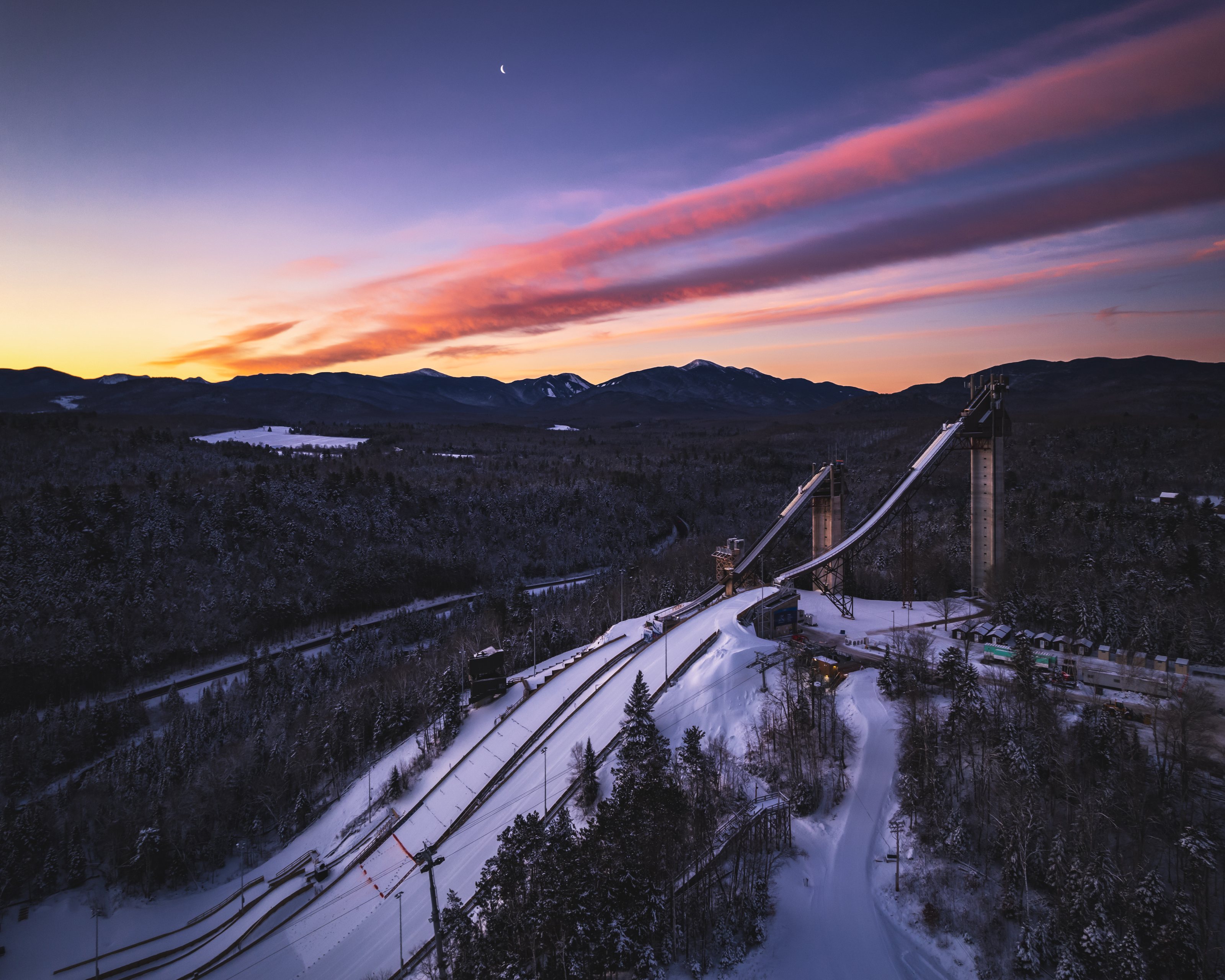 Lake Placid Ski Jumps at Moonlit Sunrise