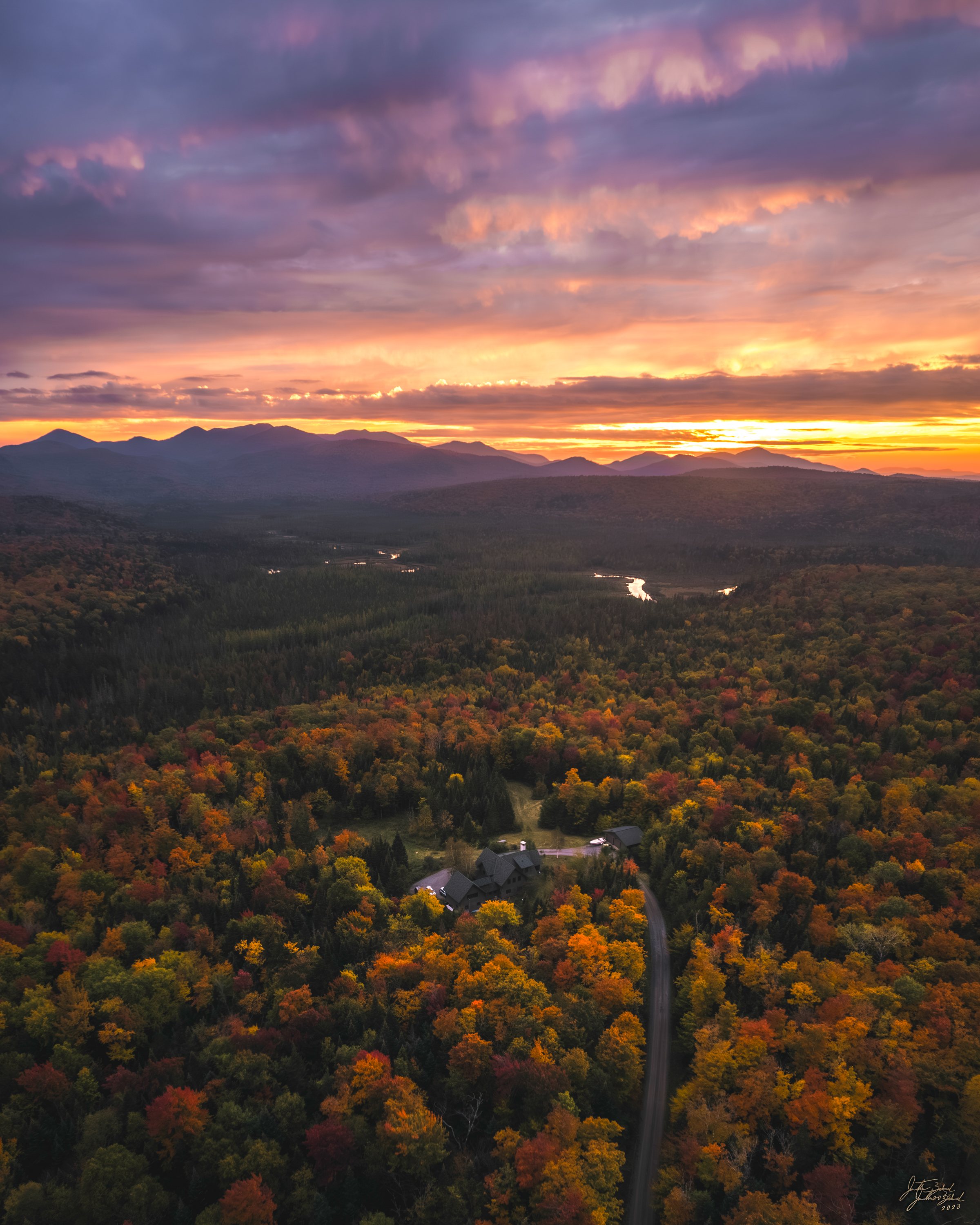 Aerial Sunset over Chubb River and Sawtooths
