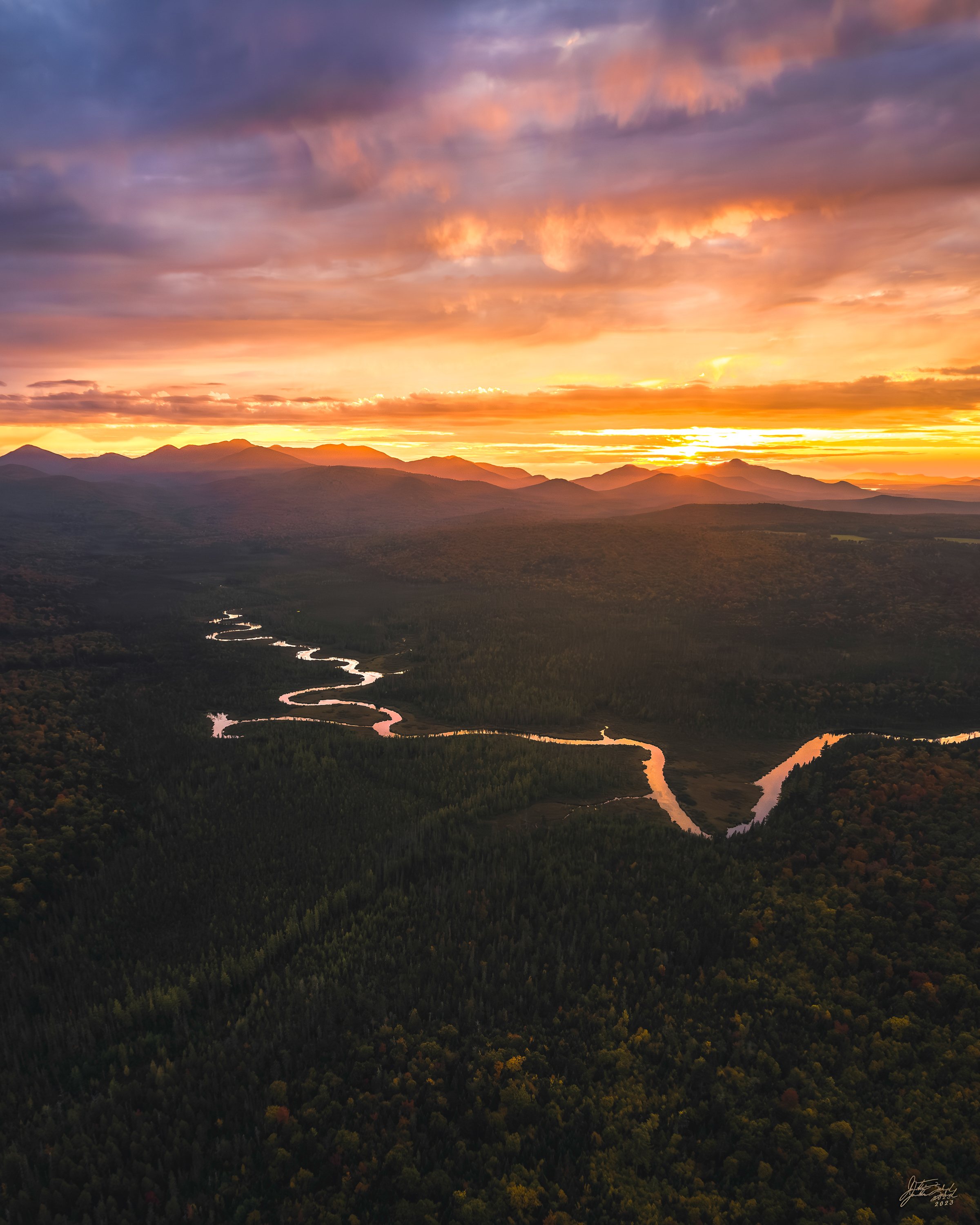 Sawtooth Mountains and Chubb River at Sunset