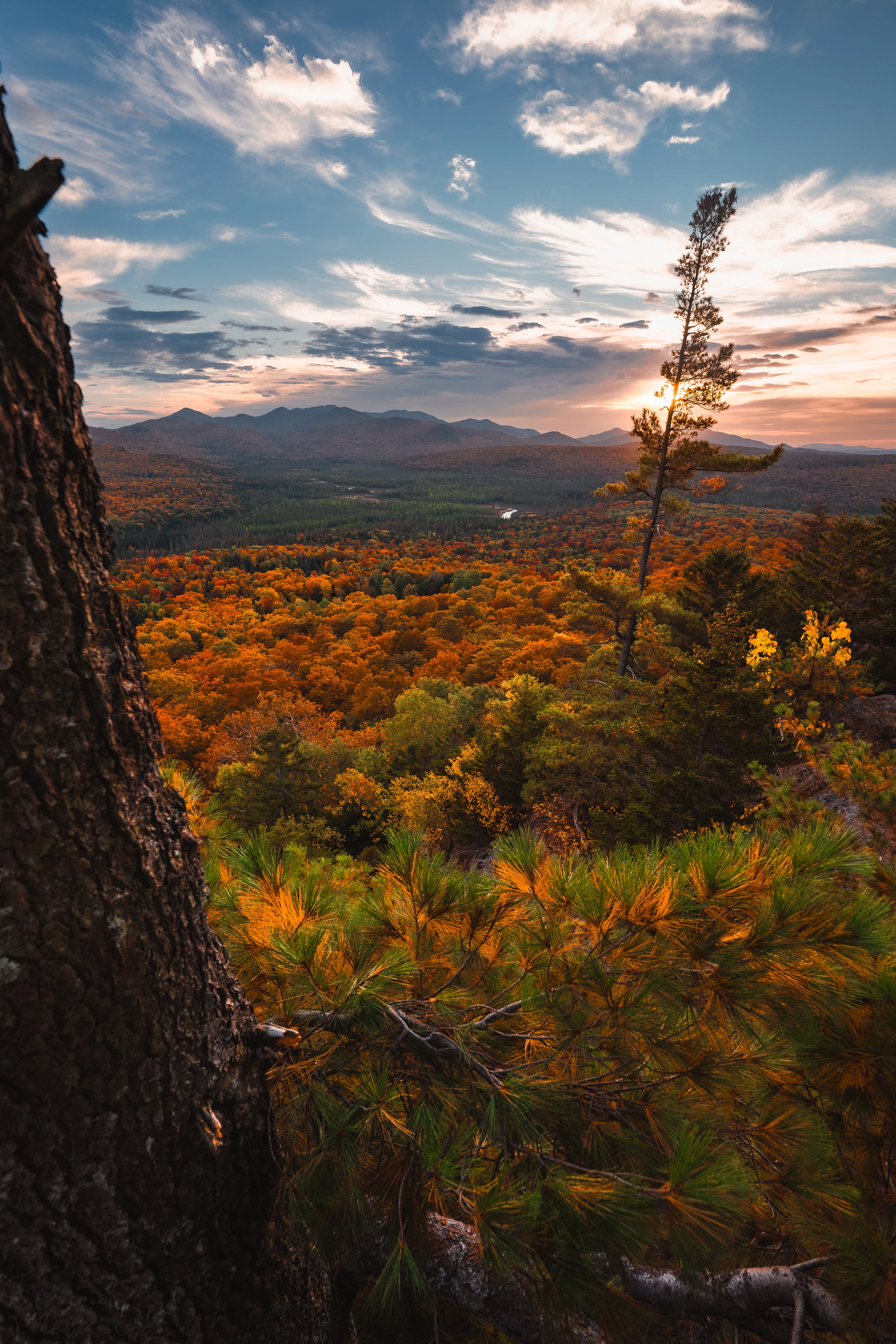 I climbed a white pine on an unnamed mountain off Bear Cub Lane for this sunset view. Chubb River corridor and Sawtooth Mountains, Adirondacks, New York.