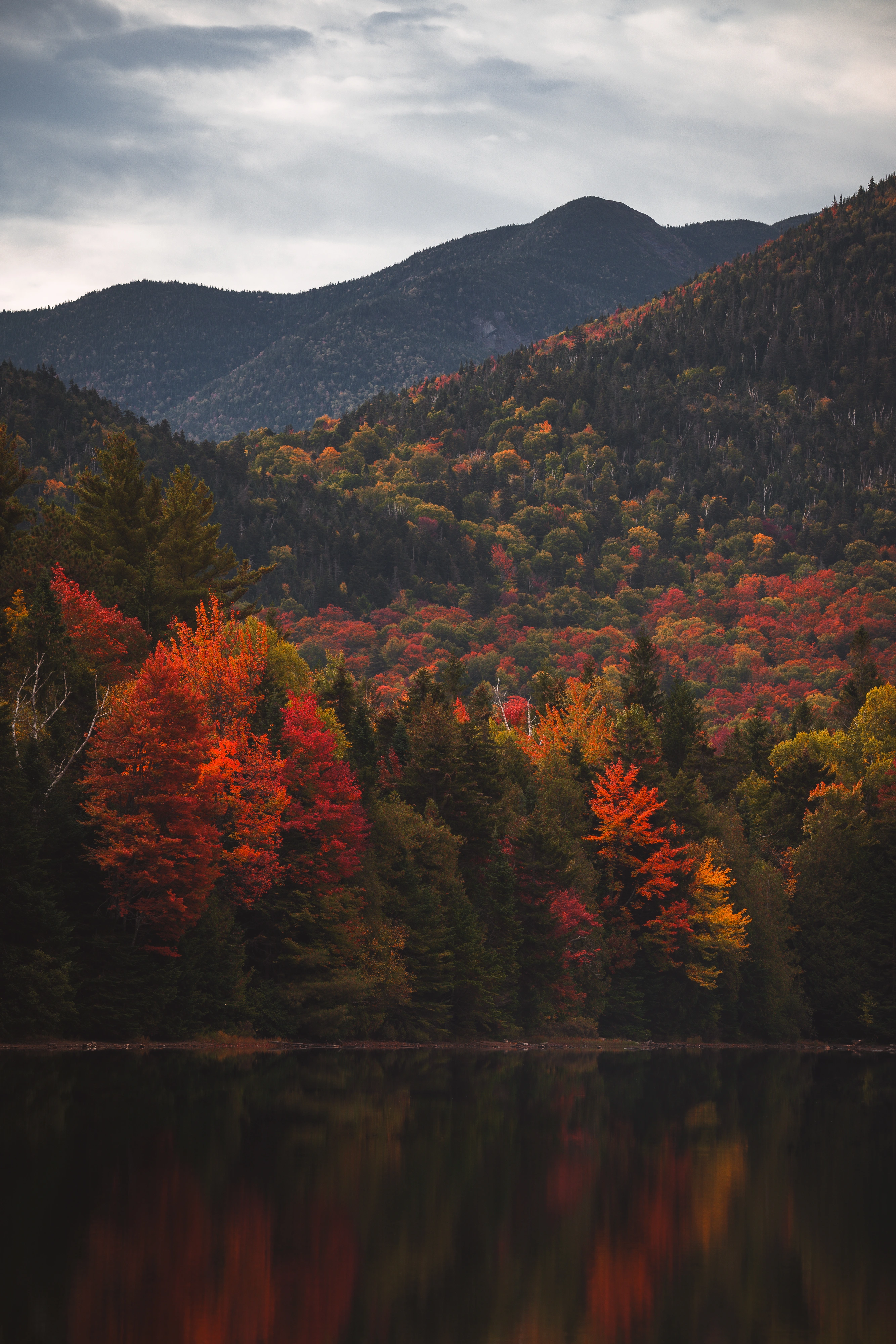 A closer view of Heart Lake draws attention to the red and gold shoreline beneath Colden's distant shoulder. Heart Lake, Adirondack High Peaks, New York.