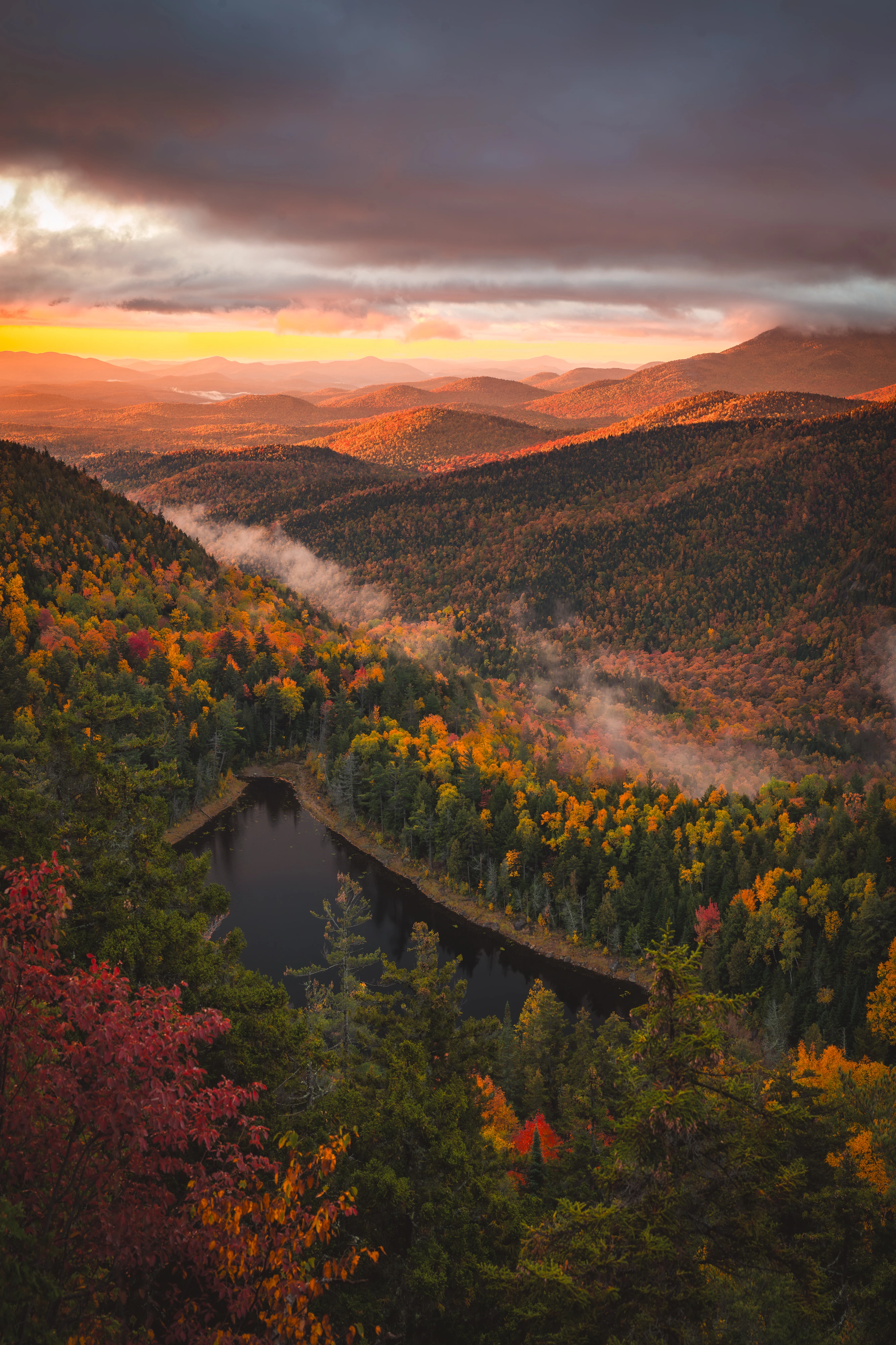 A vertical view from Giant's Nubble follows the Washbowl toward the sunrise. Giant's Nubble, Giant Mountain region, Adirondacks, New York.