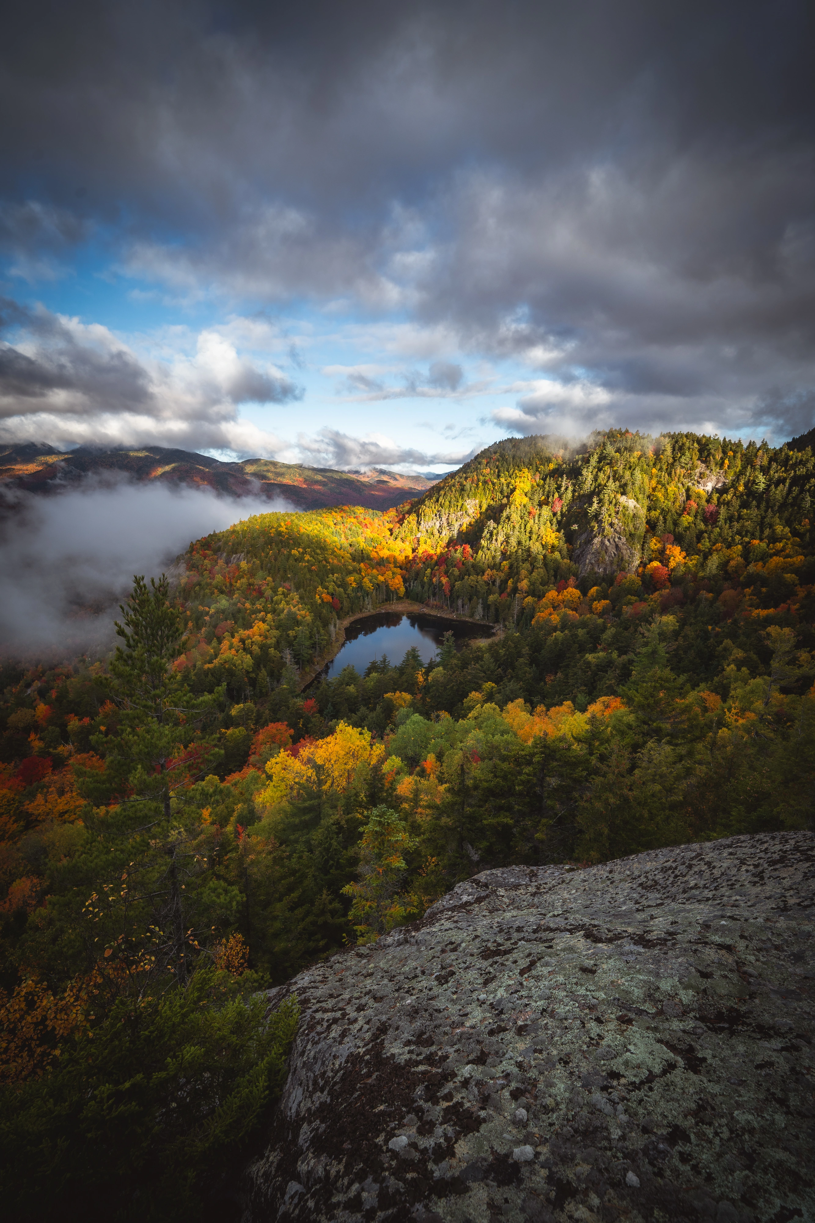 From a quiet cliff near Giant's Washbowl, early light reaches the gold forest and surrounding rock. Giant Mountain region, Adirondacks, New York.
