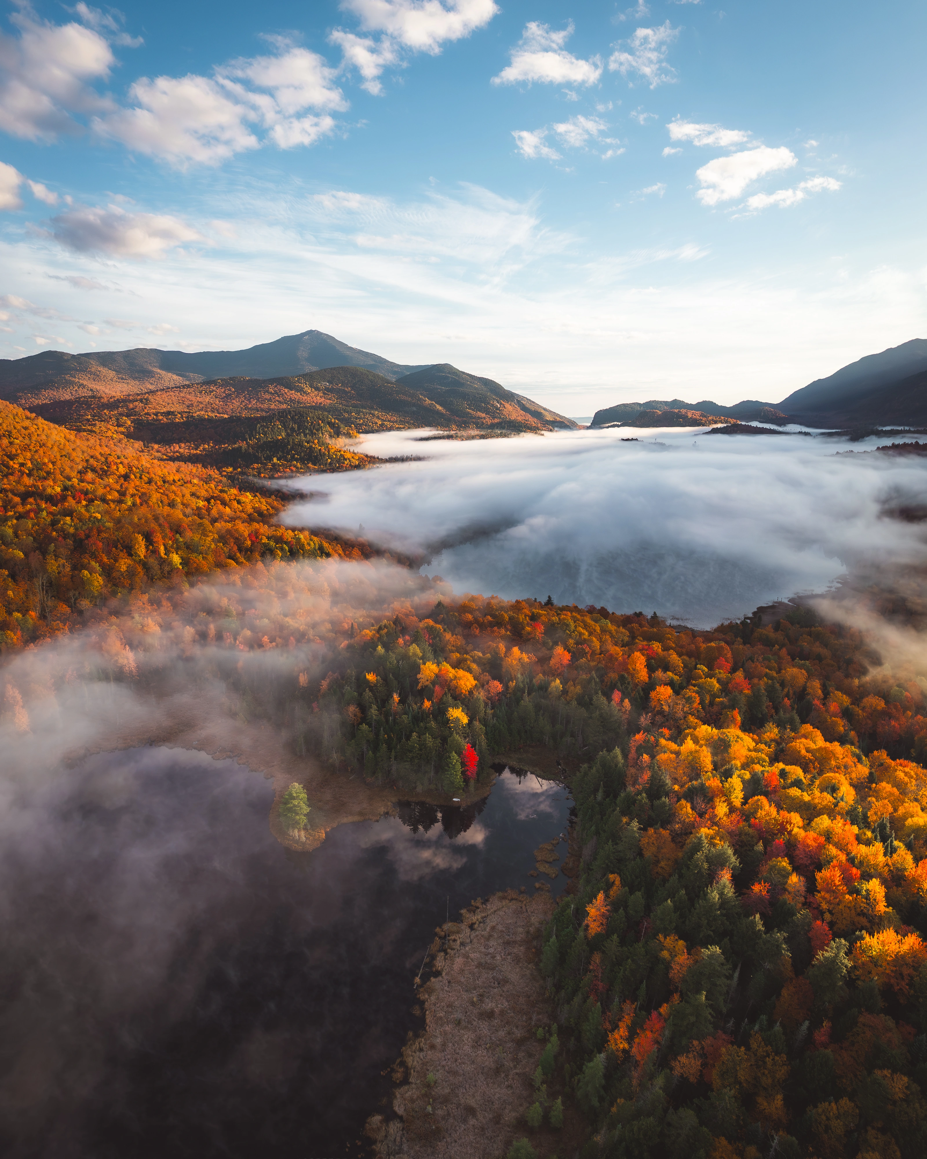 A vertical view looks through the early light toward Whiteface and the fog-filled valley. Connery Pond, Whiteface Mountain region, Adirondacks, New York.