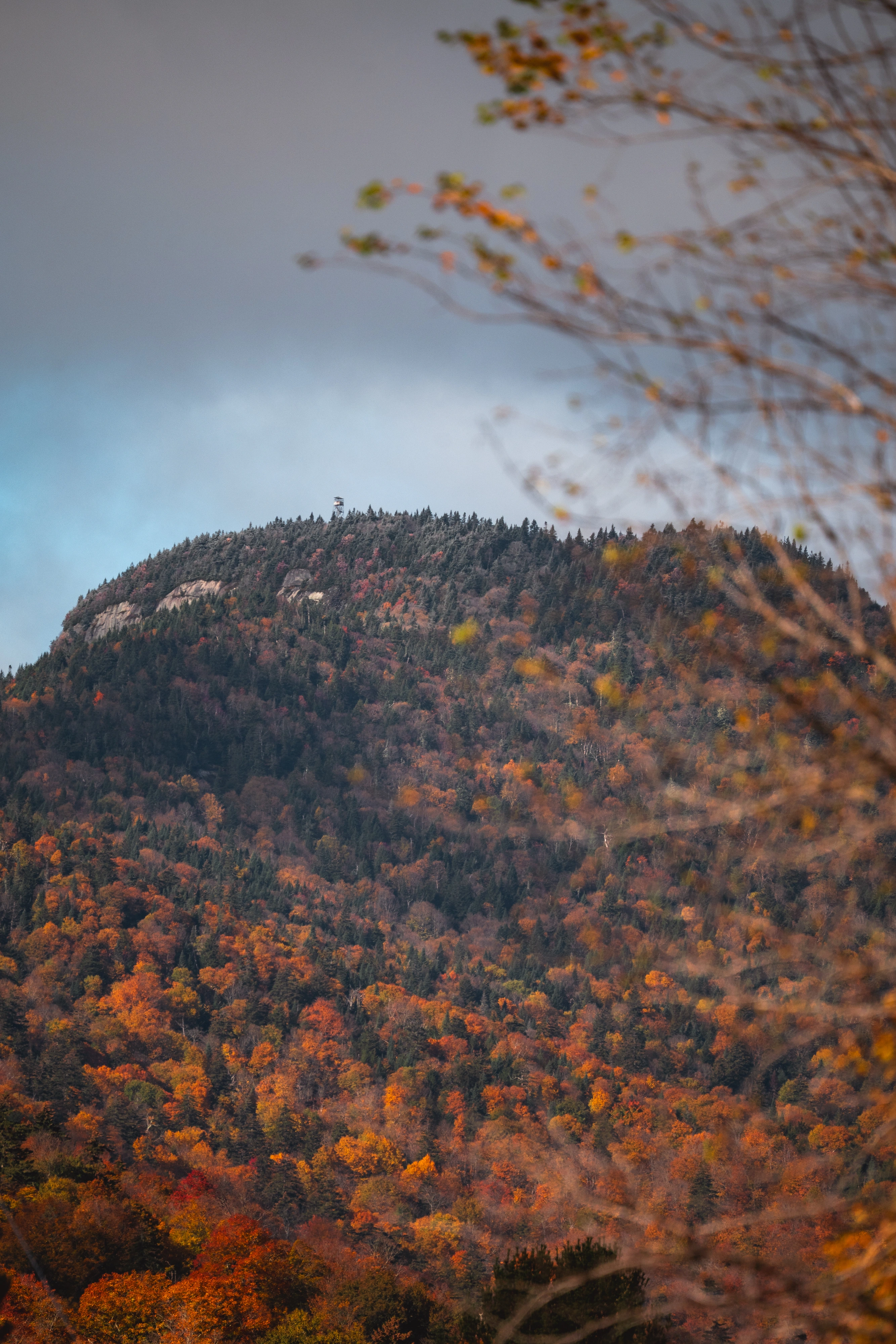 A small trace of snow clings to Snowy Mountain's summit above the autumn forest. Snowy Mountain, Hamilton County, Adirondacks, New York.