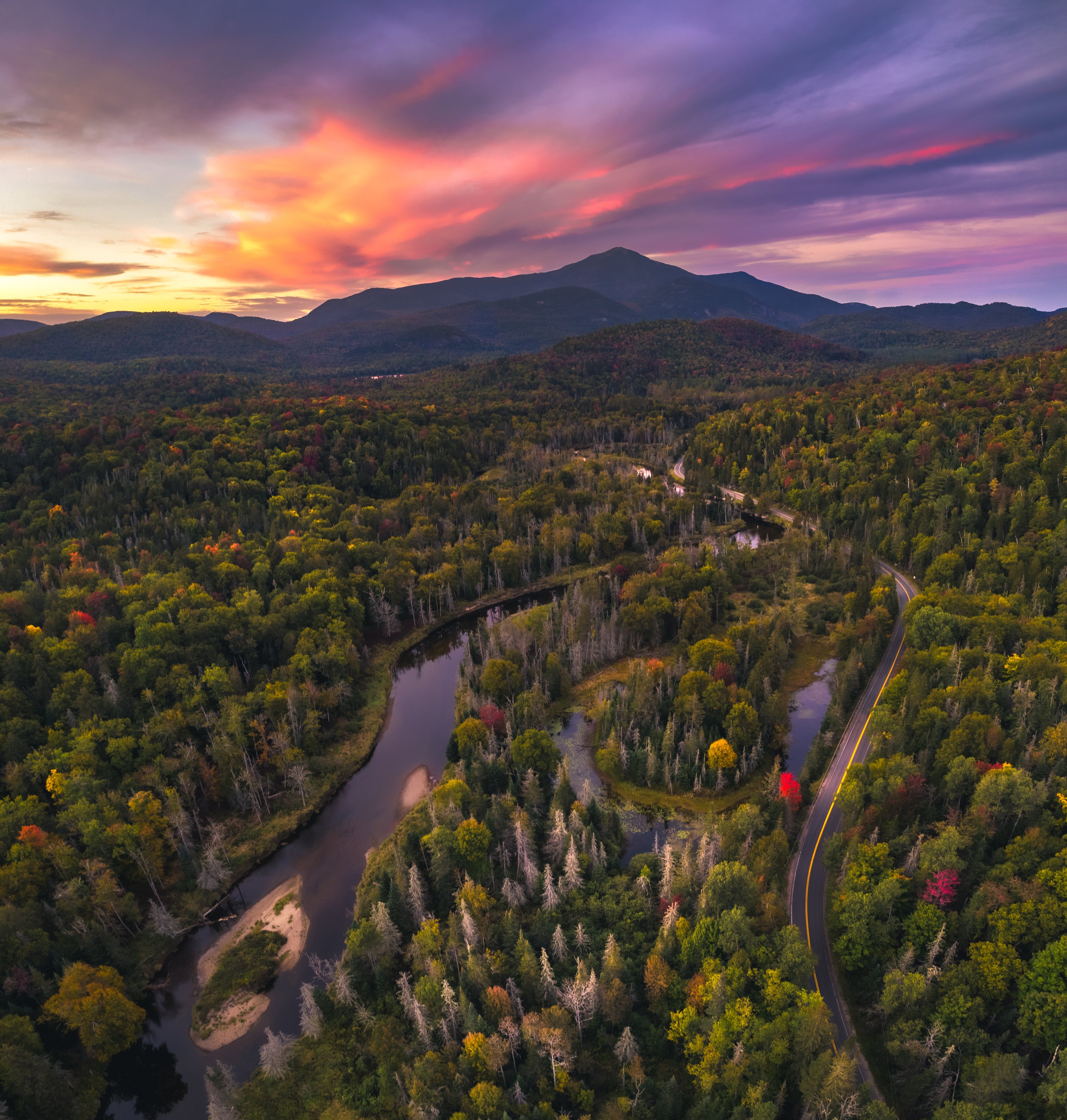 Late Summer Aerial Sunset Over River Road